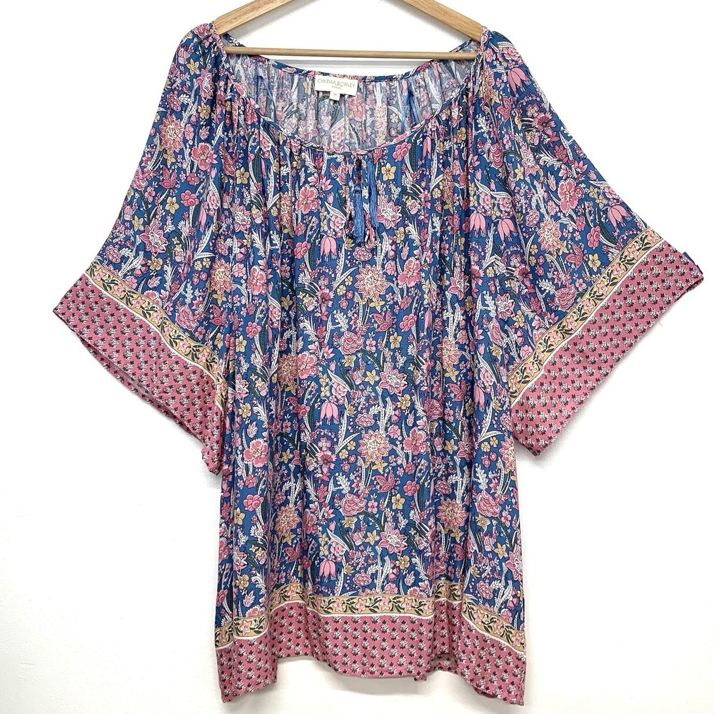 Cynthia Rowley Pink Floral Scoop Neck Top Woman 2X Key Hole Cottagecore Flowy